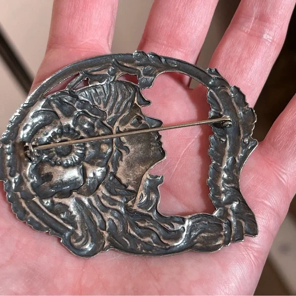 Antique Art Nouveau Art Deco Silver Lady Face Victorian Brooch Fairycore - Picture 8 of 15